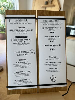 sample menu for the tea bar (February 3, 2024)  at PARU in La Jolla
