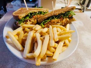 Vegan Tuna Sandwich with fries at Dinner Bell Cafe in Prescott