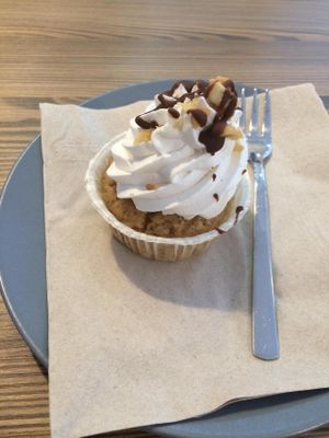 Peanut butter cupcake with vegan whipped cream at HappyCakes in Vienna