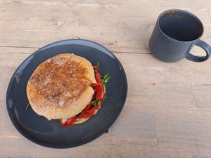 red pepper, caramelised onion and rocket toastie at The Artisan Baker in Cheltenham
