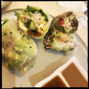 Summer roll w/nut sauce + sweet sauce. Sooo good!!  at Loving Vegan  in Hafnarfjordur