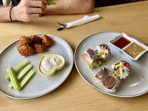 cauliflower wings and summer rolls   at Loving Vegan  in Hafnarfjordur