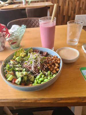 Buddha Bowl and Strawberry Milkshake at Loving Vegan  in Hafnarfjordur