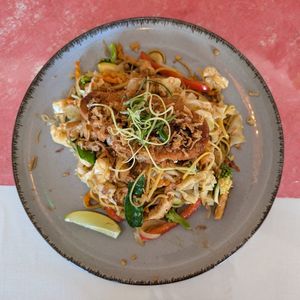 Fried wheat noodles with tofu at Loving Vegan  in Hafnarfjordur