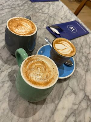 Flat White with Oat Milk, Chai Latte with Soya Milk, and Vanilla Chai Latte with Soya Milk at Whitechurch in Durham