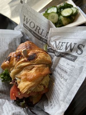 Vegan chicken sandwich and cucumber saladd  at Urban Deli in Savannah