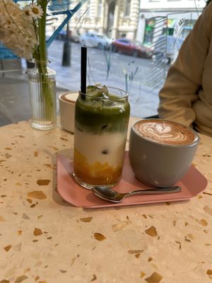 Mango match and chai latte  at Elias Coffee Shop in Prague