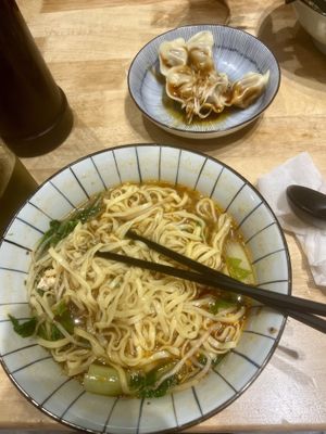 Stinky Tofu noodles and home made dumplings at the back  at Miao Guanyin - 妙 觀 音 in Taipei