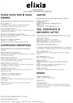 Drinks menu at elixis  in South West London