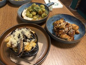 Crispy gnocchi (top), drunken knots (right), macaroni cheeze (left)  at Vegivores  in Bournemouth