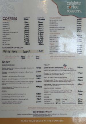 Menu in English at Calafate Coffee Roasters in El Calafate
