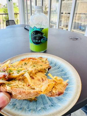 One of our popular menu items - "Whatever We Have Toast," which consist of whatever we have in the restaurant that matches what you desire. In this photo is sourdough bread with our humus, sauteed onions, and mushroom. Yum at Akasha Metaphysical & Vegan Cafe in St Georges