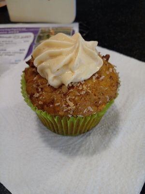 Carrot and almond cupcake (so goooood) at Akasha Metaphysical & Vegan Cafe in St Georges