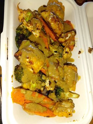 Meal of the day: corn, cauliflower, broccoli, quinoa, black beans, carrots. at Akasha Metaphysical & Vegan Cafe in St Georges