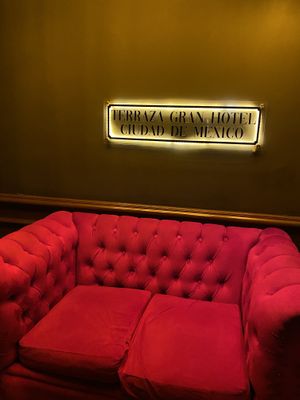 Couch Area Before Walking Up Stairs to Terraza Restaurant  at Terraza Gran Hotel in Mexico City