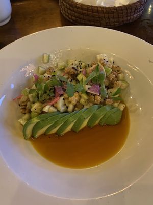 Vegan Ceviche: Roasted Cauliflower, Soursop Sauce, Avocado, Green Apple, Pasilla Oil and Black Sesame ($159 Pesos) 😋  at Terraza Gran Hotel in Mexico City