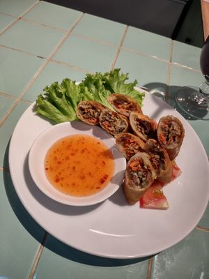 Spring rolls, sauce slightly spicy. Excellent at The Good Food Co. in Phnom Penh
