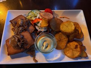 Leberkäse (meat loaf) with fried potatoes  at Das 60/40 in Wiesbaden
