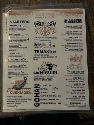 menu with vegan options labelled   at Sensei Sushi Bacalar in Bacalar