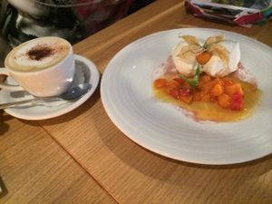 Vegan dessert & cappuccino with almond milk. Both delicious.  at Chimichurri in Frankfurt