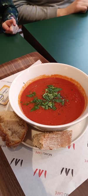 Tomato soup with bread and butter at MoMu Café in Antwerpen