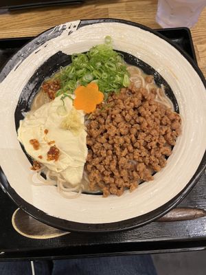 Cold soba noodles with tofu skin, green onions and soy meat crumble.   at Kyoto Soba-Morihei in Kyoto