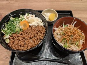 Rice with soy meat and soba noodles at Kyoto Soba-Morihei in Kyoto