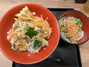 Full set - rice and tempura bowl with side salad at Kyoto Soba-Morihei in Kyoto