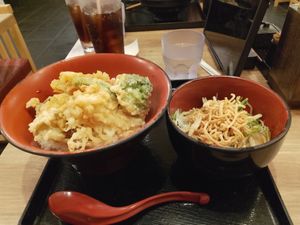 Vegetable tempura with rice, and noodle side salad at Kyoto Soba-Morihei in Kyoto