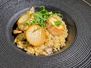 Black truffle wild mushroom and vegan scallop with orzetto 黑松露野菌素帶子米型意粉 (Photo by Siu Wing Wing) at Café Influffy - 毛所樹樹 in Kowloon