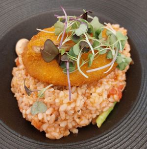 Cutlet Vegan Pork Chop, Tomato and Asparagus Risotto 素吉列豬扒鮮茄露荀燴意大利飯 (Vegan)
 at Café Influffy - 毛所樹樹 in Kowloon
