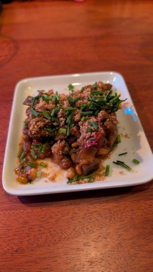 Eggplant starter (I had already taken a bite, at the start it was way prettier) at Casa Inferno in Tromsoe