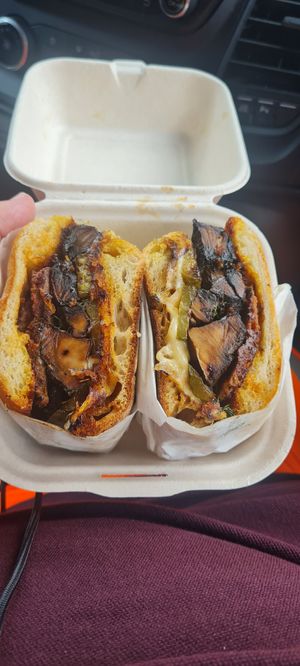 Mushroom Cubano Sandwich with vegan bacon. at Blackhorse Workshop Cafe in East London