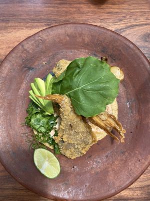 Fish taco with fried oyster mushrooms  at Los Loosers in Mexico City
