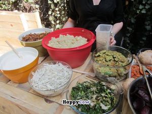 Delicious, fresh ingredients - the little green patties (right rear) are squash falafel. at Los Loosers in Mexico City