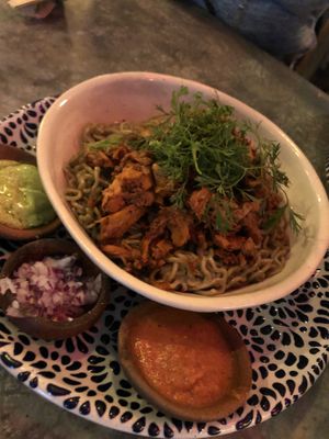 Spicy noodles and mushrooms at Los Loosers in Mexico City