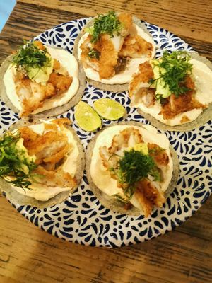 Starter, crumbed wild mushroom, with a cream sauce on a tortila at Los Loosers in Mexico City