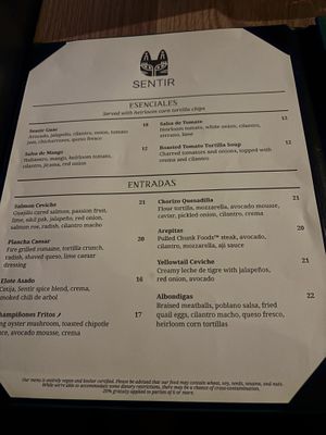  Menu  at Sentir in New York City