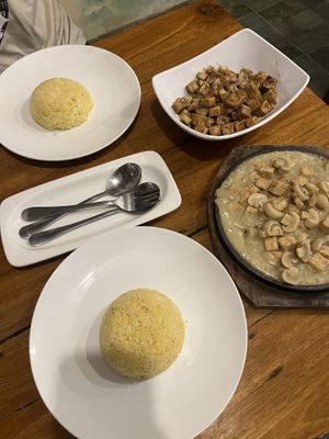 Tofu Sisig, Sizziling Tofu, Garlic Rice  at Olive Crib Bar and Restaurant in Palawan