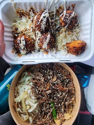 Mushroom and ginger takoyaki balls and a soba noodle bowl at Kabocha in Olympia