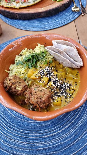 Curry, basmati rice, meal of the day! at Sambodhi Garden in Mazunte