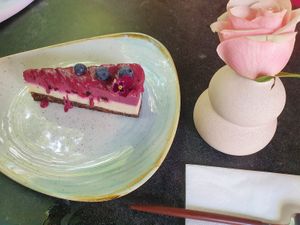 Raw vegan cake with raspberry and vanilla at Samsara in Cluj-napoca