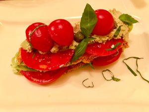Raw Vegan tomato zucchini lasagna with a cashew garlic basil and sun dried tomato at Samsara in Cluj-napoca