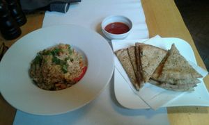Tofu veg rice, Focaccia, Hot sauce at Samsara in Cluj-napoca