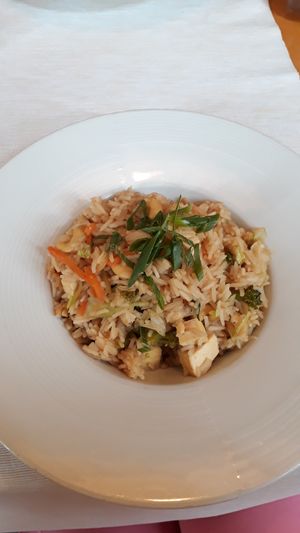 Vegetables and tofu with rice at Samsara in Cluj-napoca