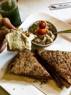 Aubergine spread & focaccia  at Samsara in Cluj-napoca