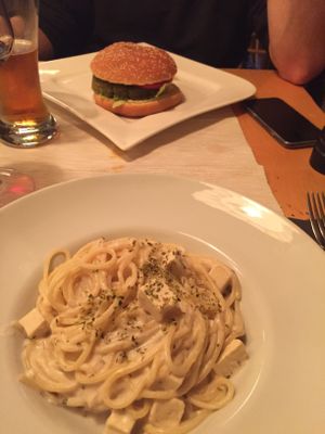 Tofu cashew pasta and green burger   at Samsara in Cluj-napoca