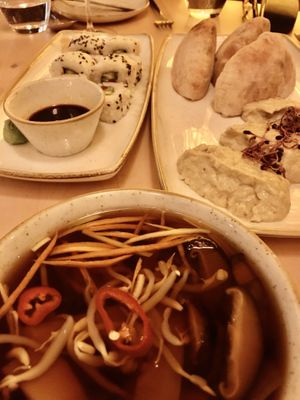 Sundried tomatoes sesame maki, spicy mushroom bamboo shoot soup, eggplant spread (salata de vinete)  at Samsara in Cluj-napoca