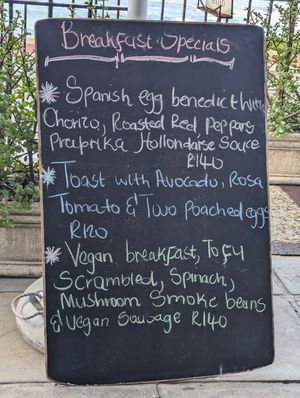 Specials board with vegan breakfast at Just Pure Bistro in Hermanus