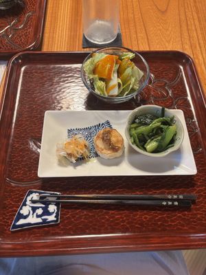 Starter - salad with tomato dressing, aubergine with pickles, mountain potato and miso and spinach salad with sesame paste, sugar and Japanese miso  at Saien - Breakfast by Buddhist Monks in Hakone